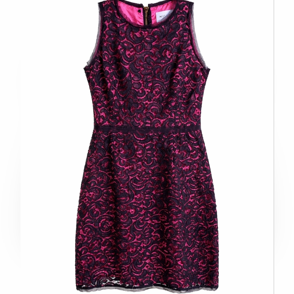 Milly Fuchsia Black Lace Fit-and-Flare Midi Cocktail Sexy Chic Dress Sz 6